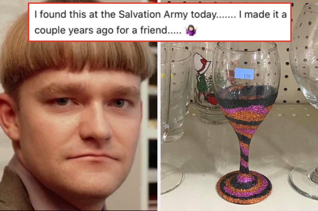 Image of a person with a bowl haircut beside a decorated wine glass found at a Salvation Army store, highlighting a humorous discovery