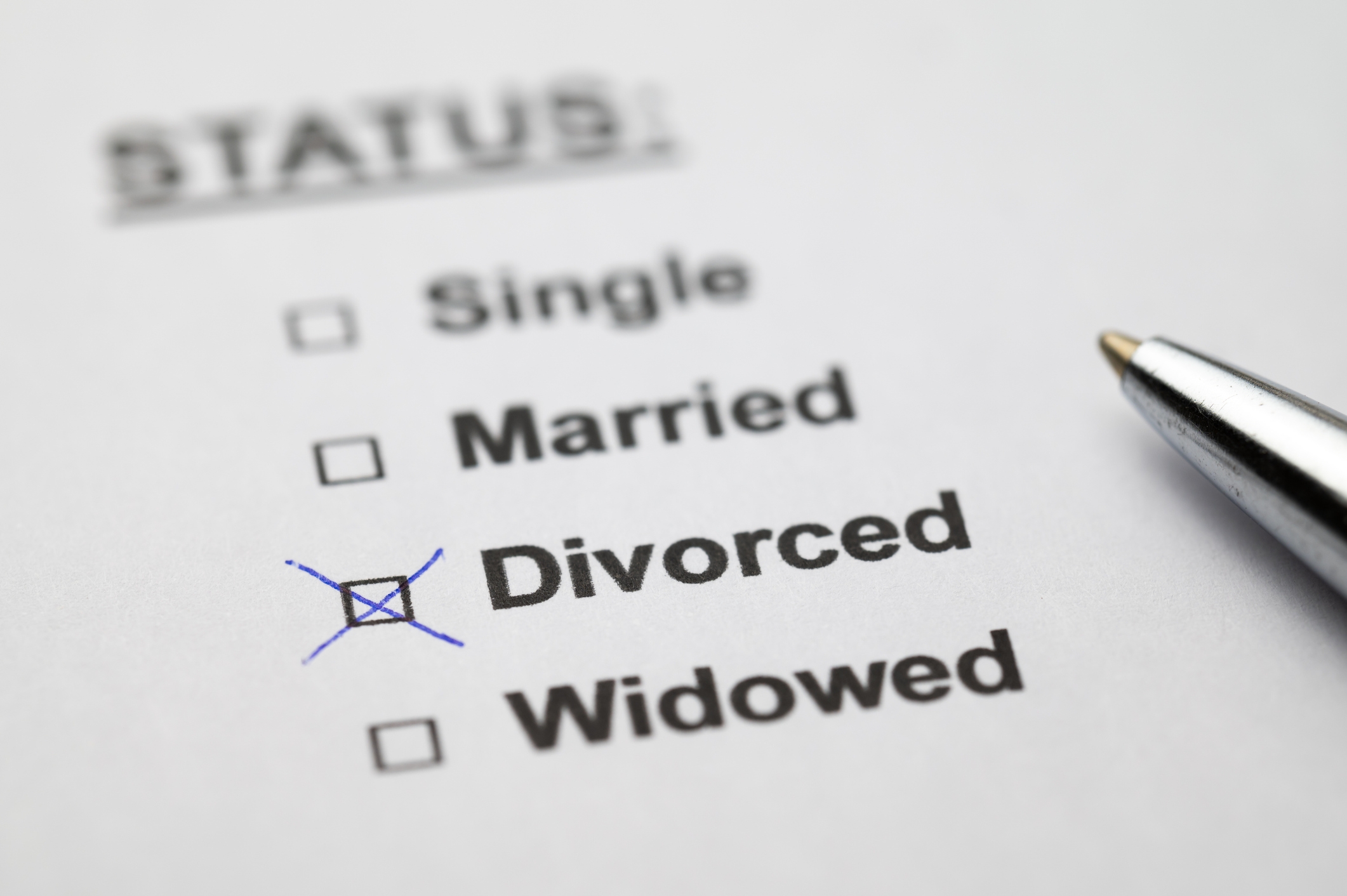 A close-up of a checklist showing marital status options. "Divorced" is checked, with the other options being "Single," "Married," and "Widowed."