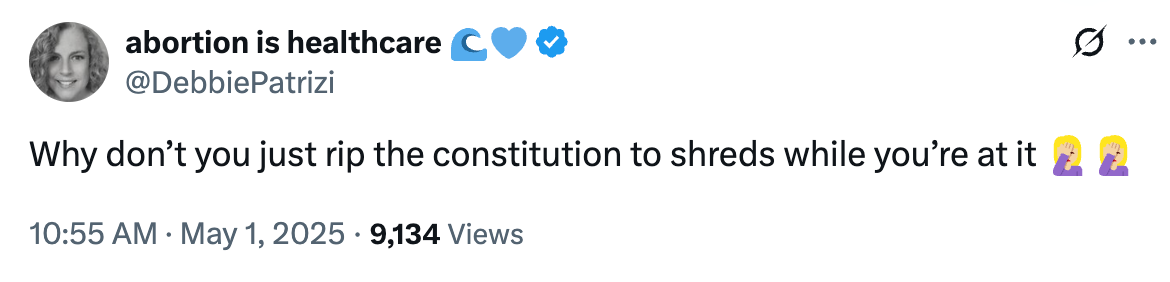 Tweet by Debbie Patrizi stating, "Why don’t you just rip the constitution to shreds while you’re at it" with an emphasis on healthcare