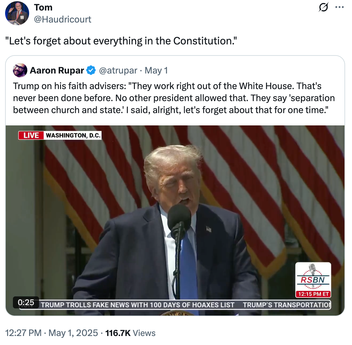 Image of a tweet with a video of a speaker at a podium discussing faith advisers in relation to the White House and separation of church and state