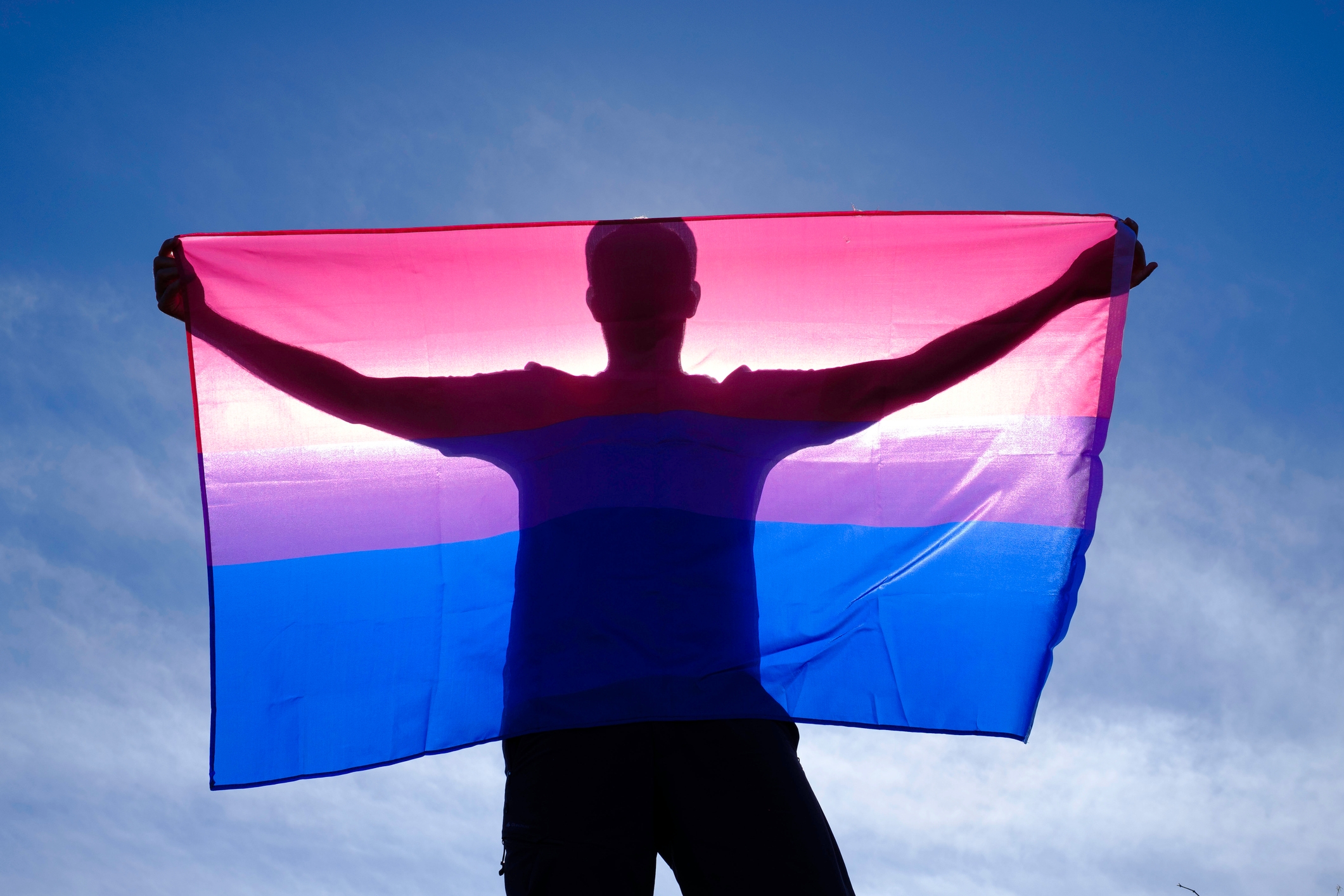 Silhouette of a person holding a large flag in front of a clear sky