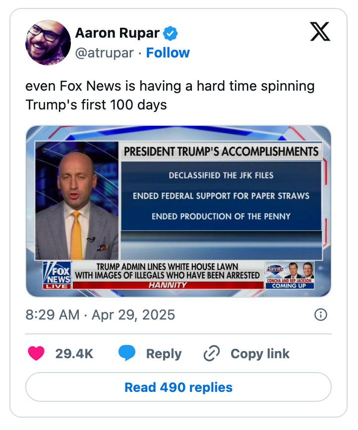 Tweet by Aaron Rupar mocks Fox News with a chyron listing fake accomplishments like ending support for paper straws and penny production
