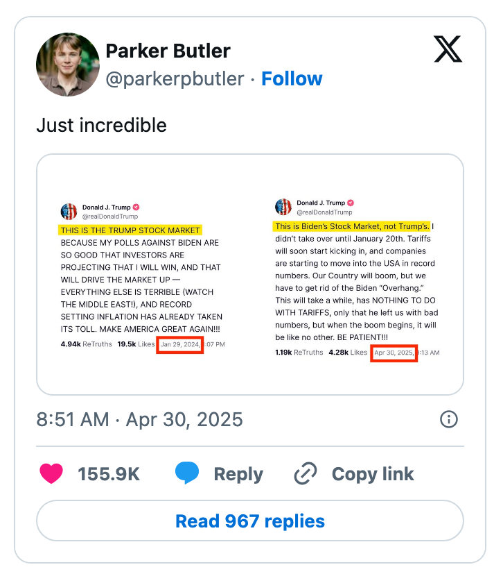 Tweet comparing two Trump tweets about the stock market, highlighting contrasting statements on the market’s performance under different presidents