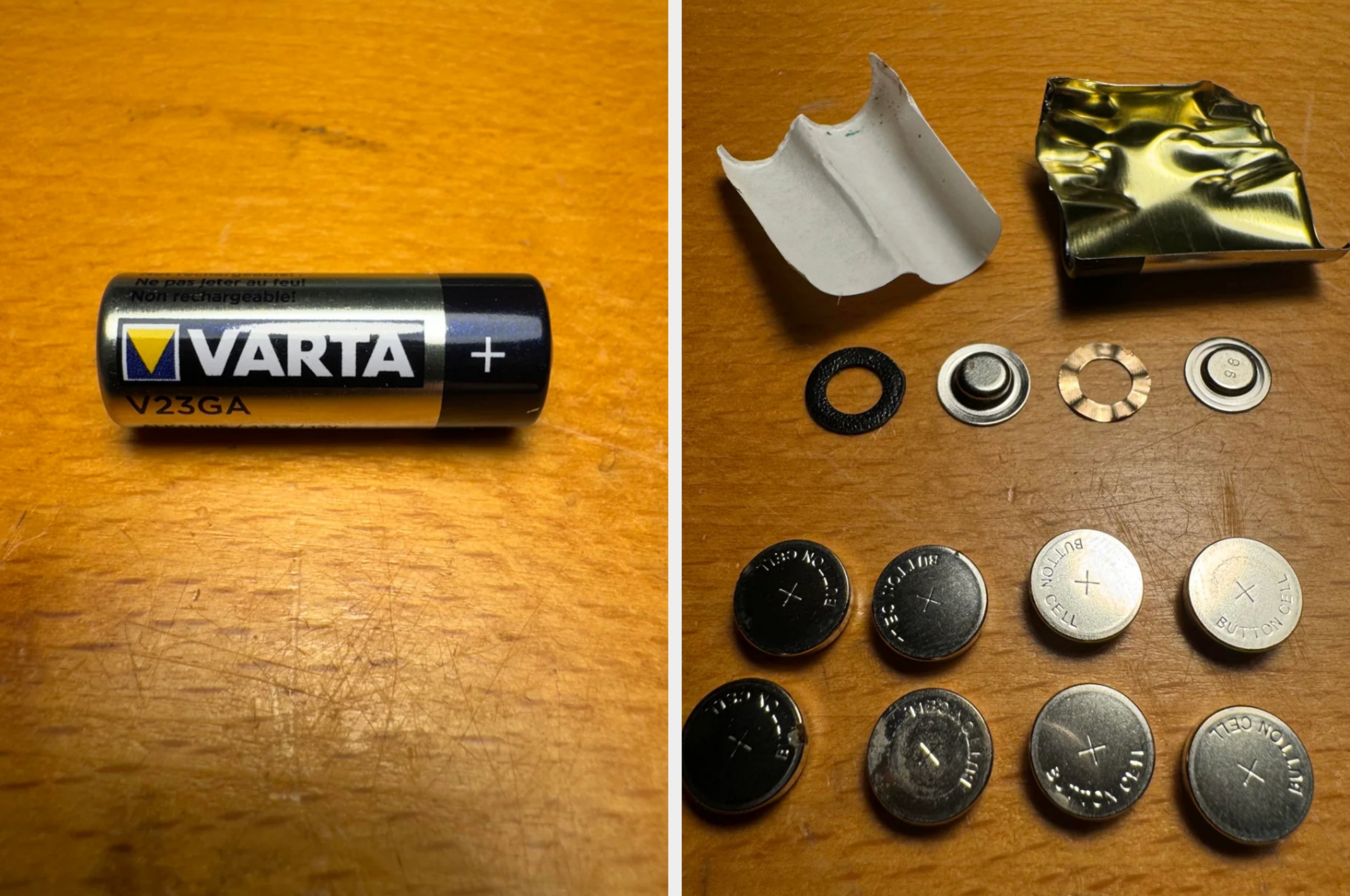 Disassembled battery showcasing its components, including casings, washers, and smaller metal circular batteries