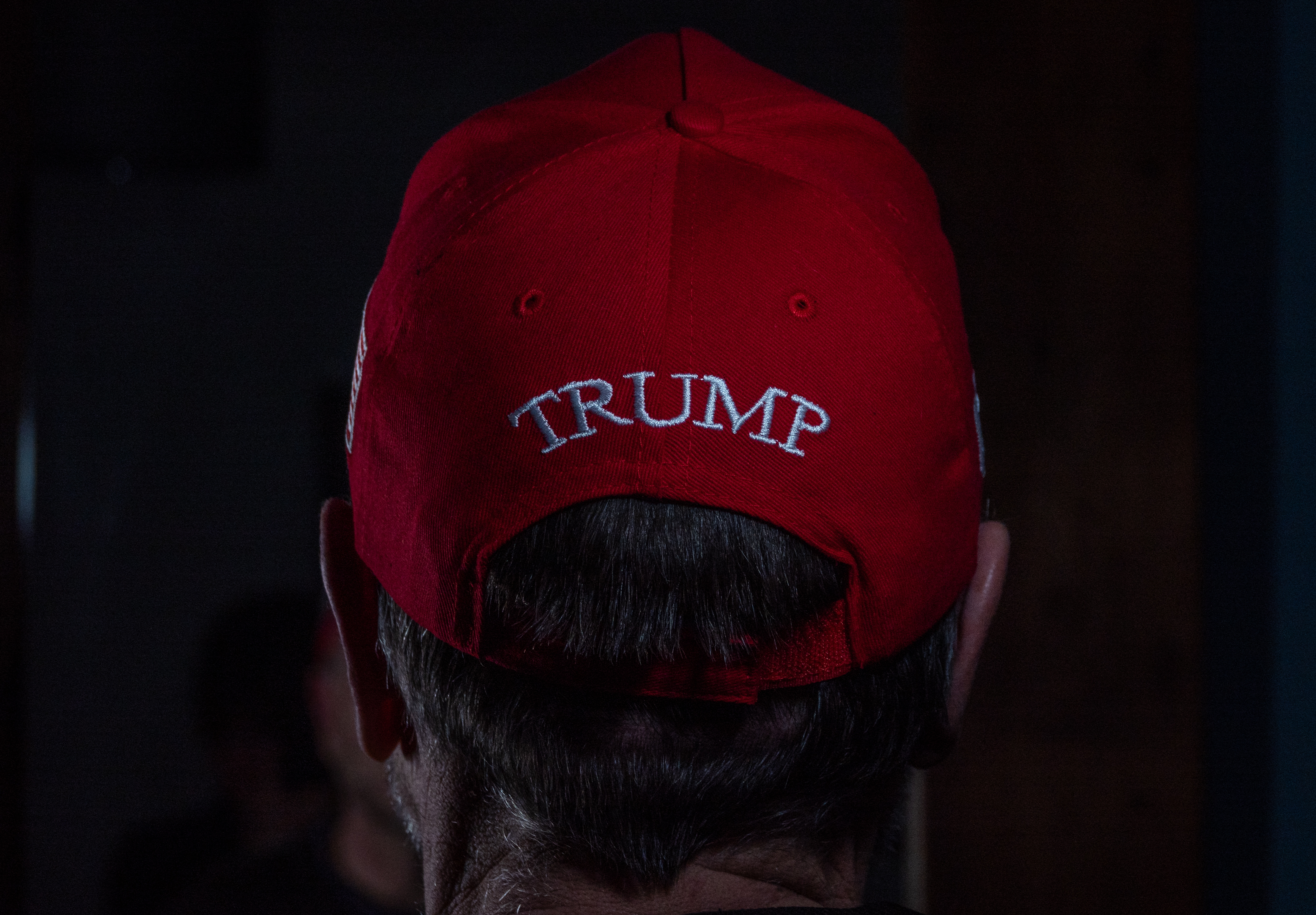 A person wearing a red cap with "TRUMP" on it is seen from behind