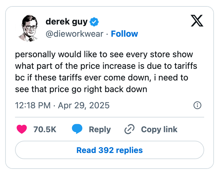 Social media post by dieworkwear discusses desire for transparency in store pricing related to tariffs, emphasizing price adjustment if tariffs drop