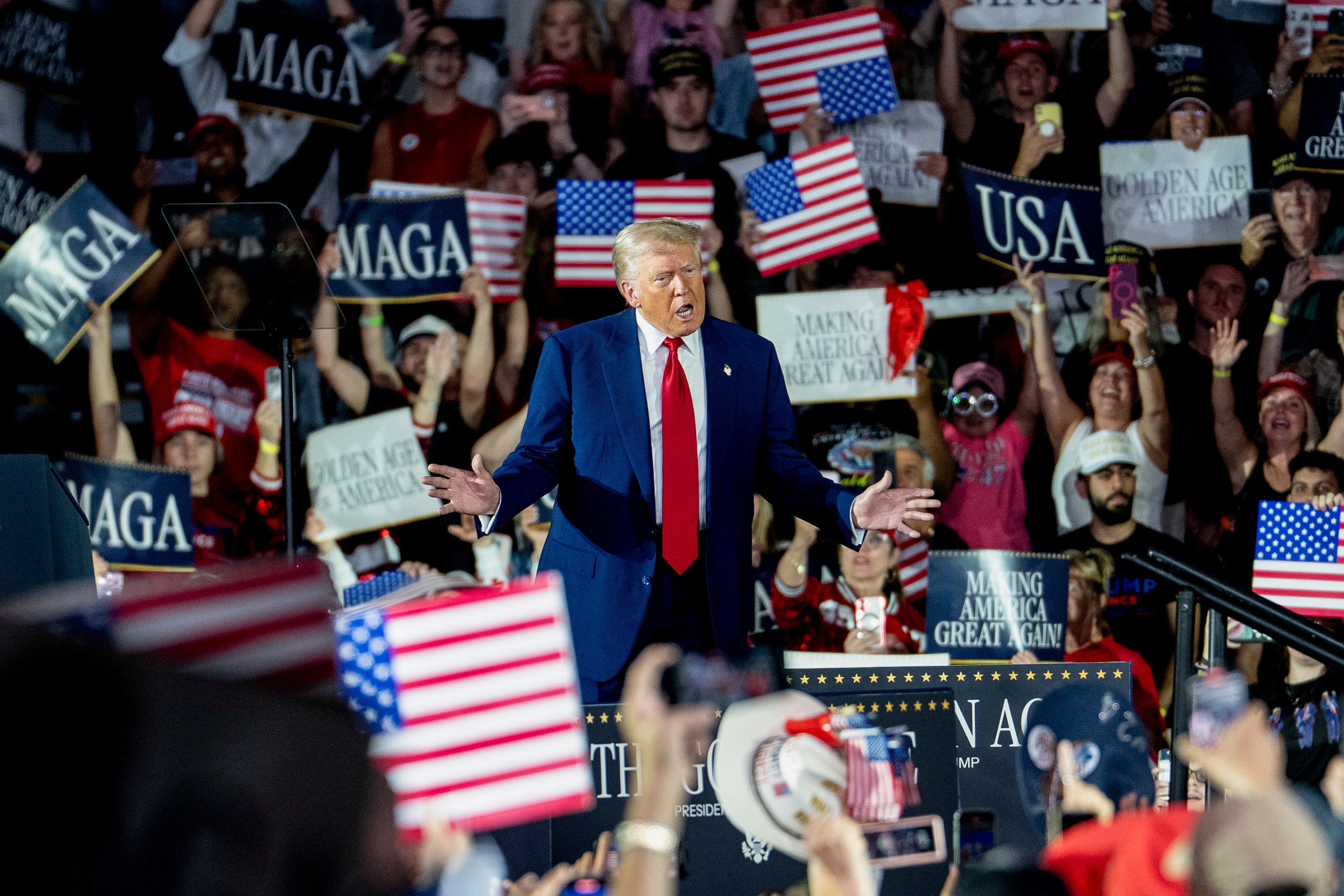 Person at a rally speaking to a crowd holding signs and flags, creating an energetic atmosphere