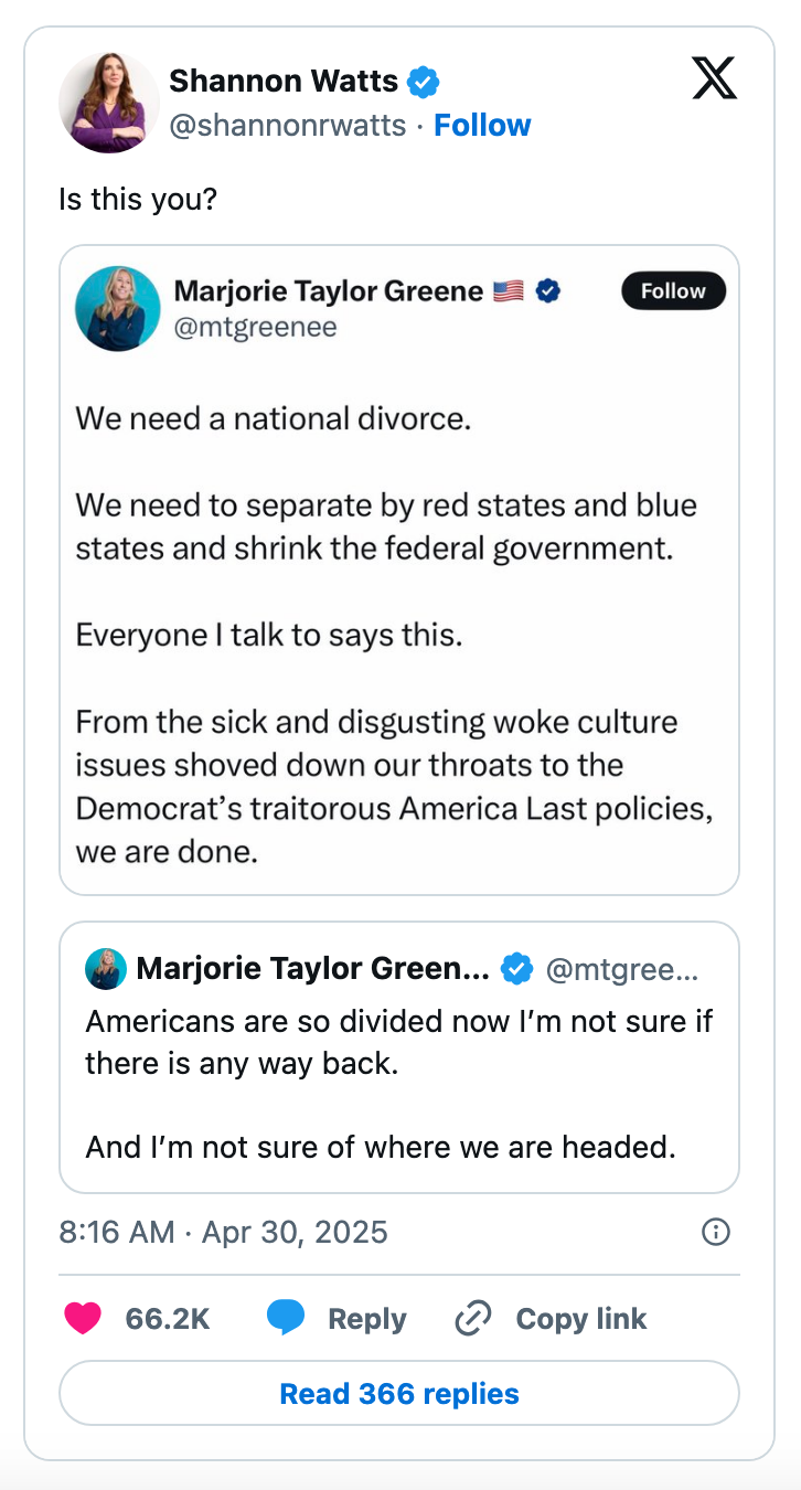 Tweet exchange discussing division in the U.S., with concerns over red and blue states and federal government policies