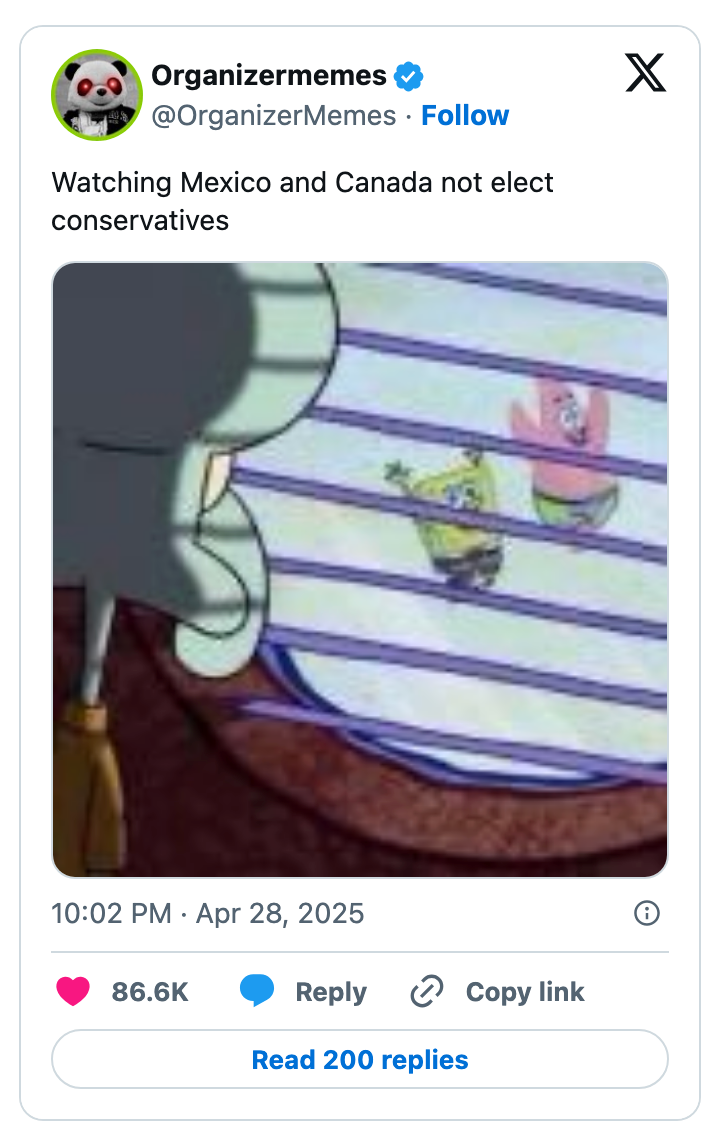 Squidward looks through blinds at SpongeBob and Patrick, with text referencing political outcomes in Mexico and Canada