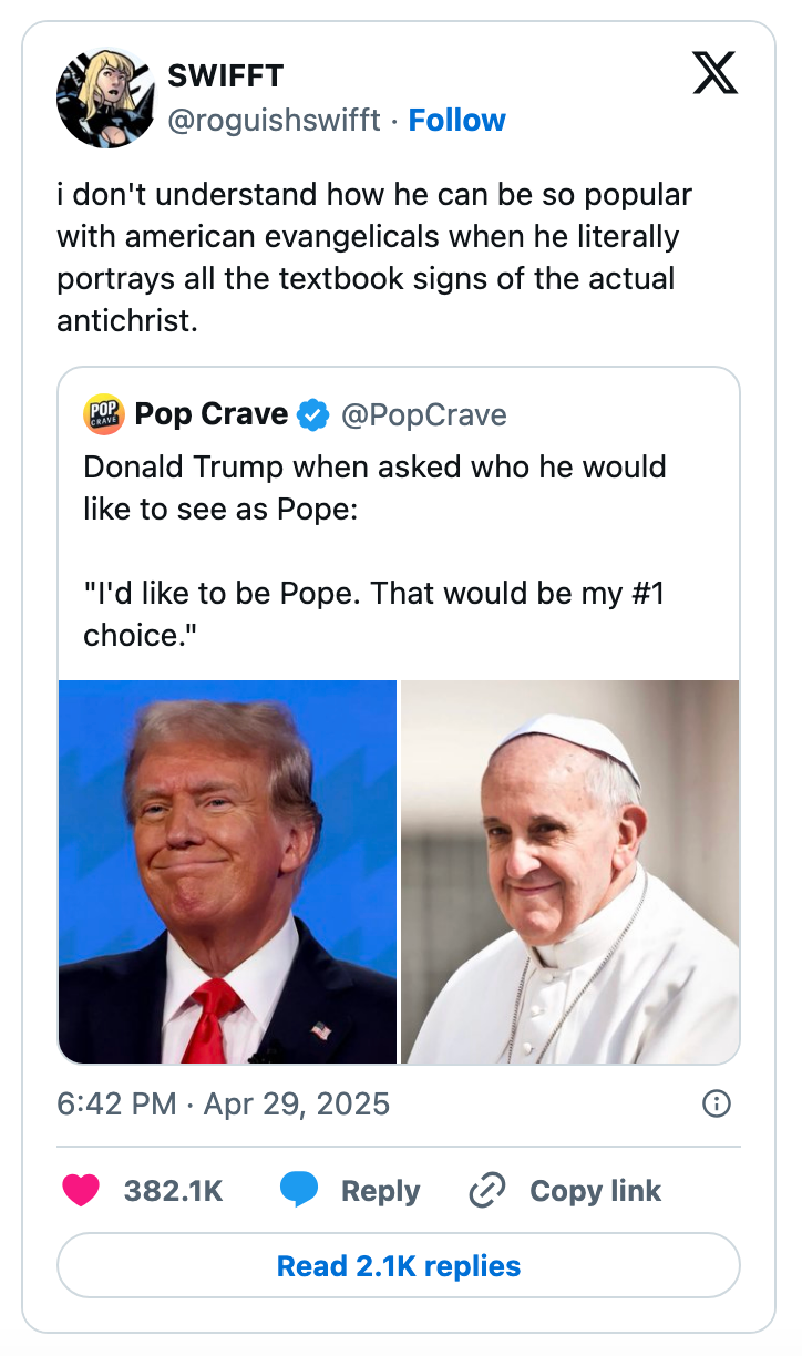 Social media post with a tweet joking about Donald Trump wanting to be Pope, accompanied by images of Trump and Pope Francis