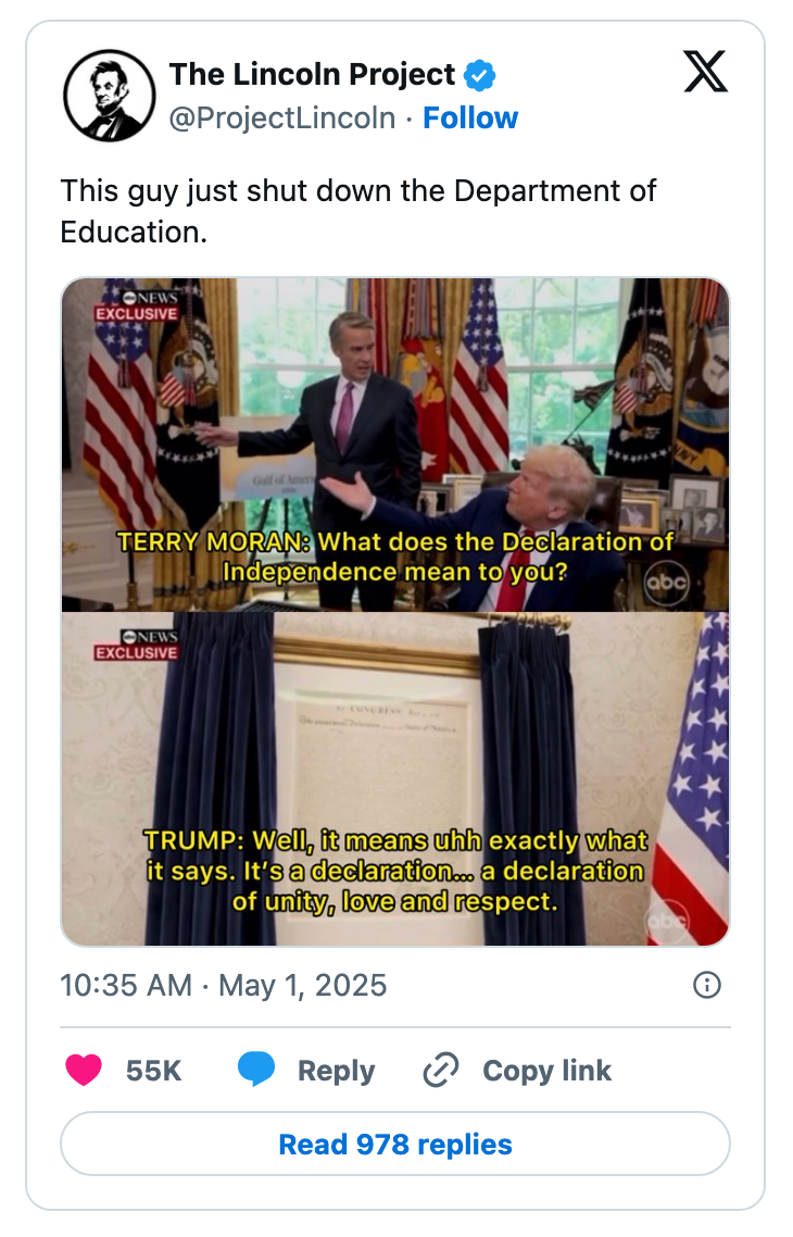 Terry Moran asks Trump about the Declaration of Independence, and Trump responds, focusing on unity, love, and respect