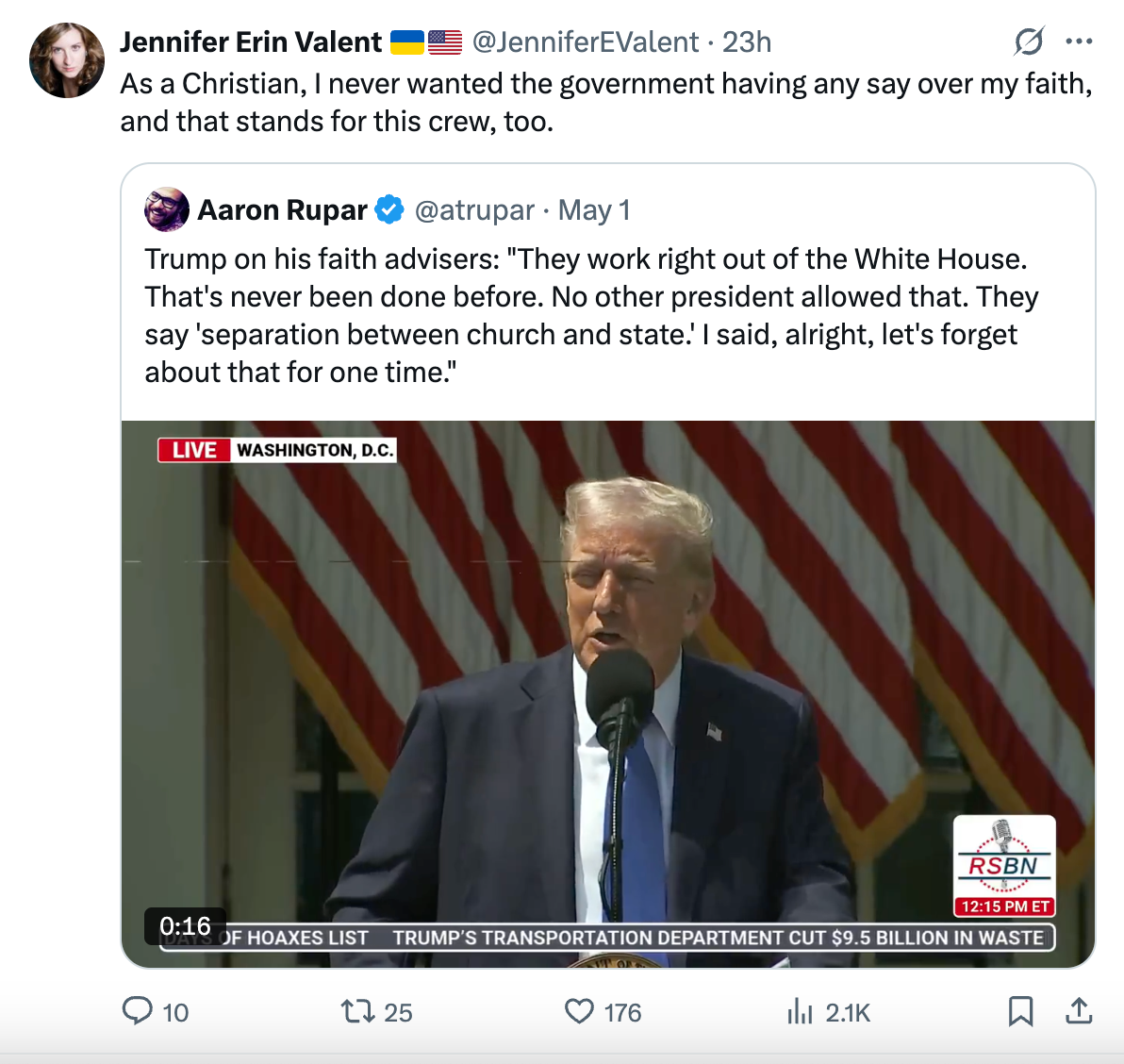 Tweet by Jennifer Erin Valent quoting a video tweet by Aaron Rupar of a speech