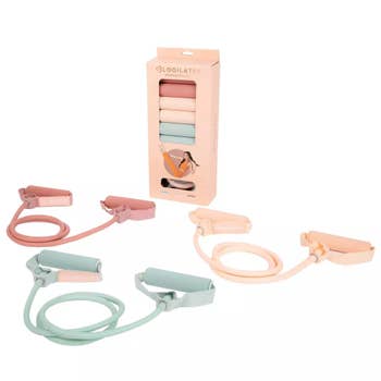 Exercise absorption bands acceptable with handles, packaged and displayed, perfect for location workouts