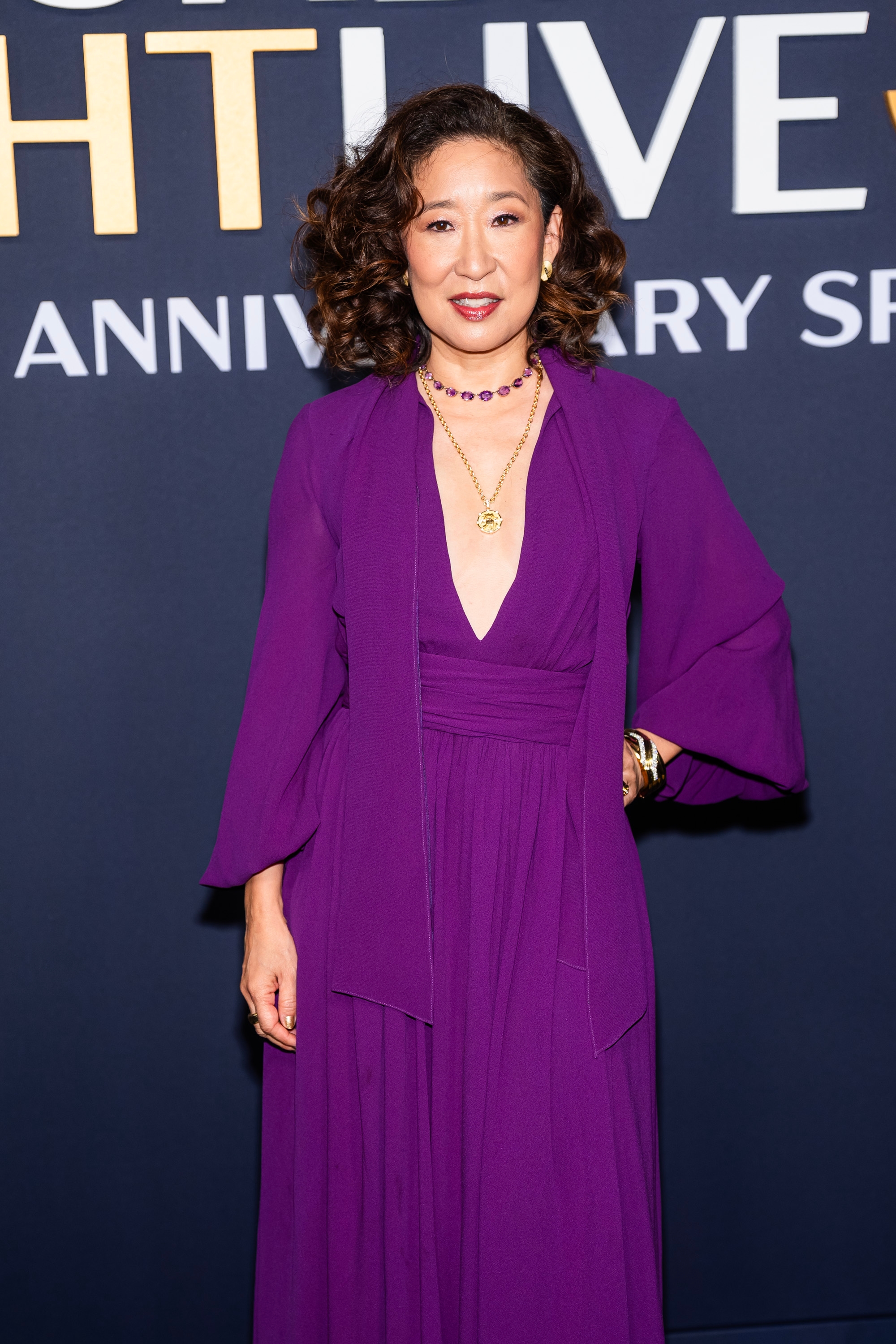 Celebrity on the red carpet wearing a stylish flowy dress with deep neckline and elegant jewelry, attending an anniversary event