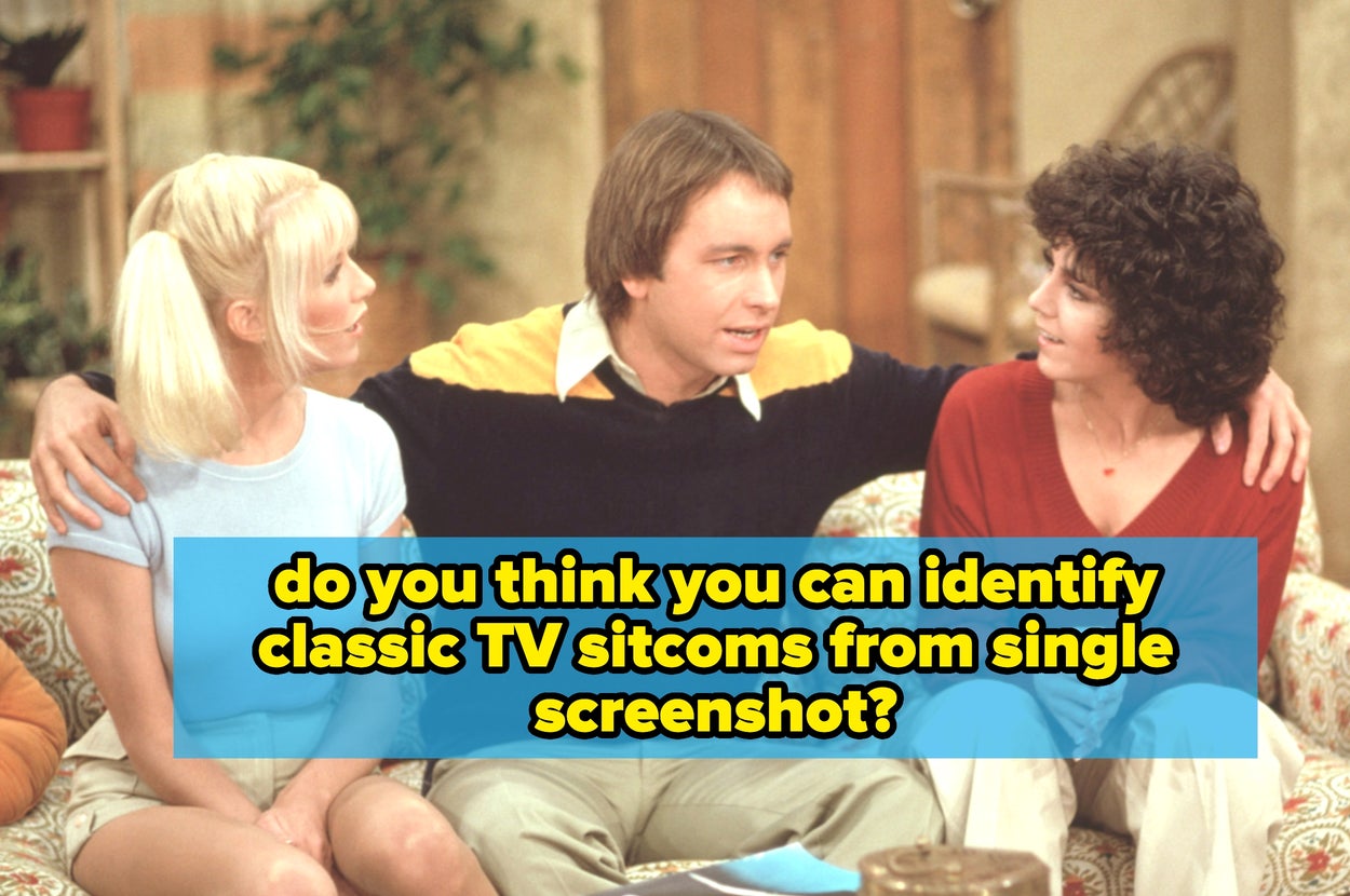 Three actors from a 1970s-1980s sitcom sit on a couch. Image text asks if you can identify TV sitcoms from a single screenshot