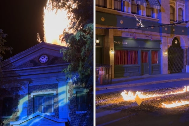 Two images: Left shows a building with a clock and a fiery explosion above. Right shows a street with flames on the ground, lined with buildings