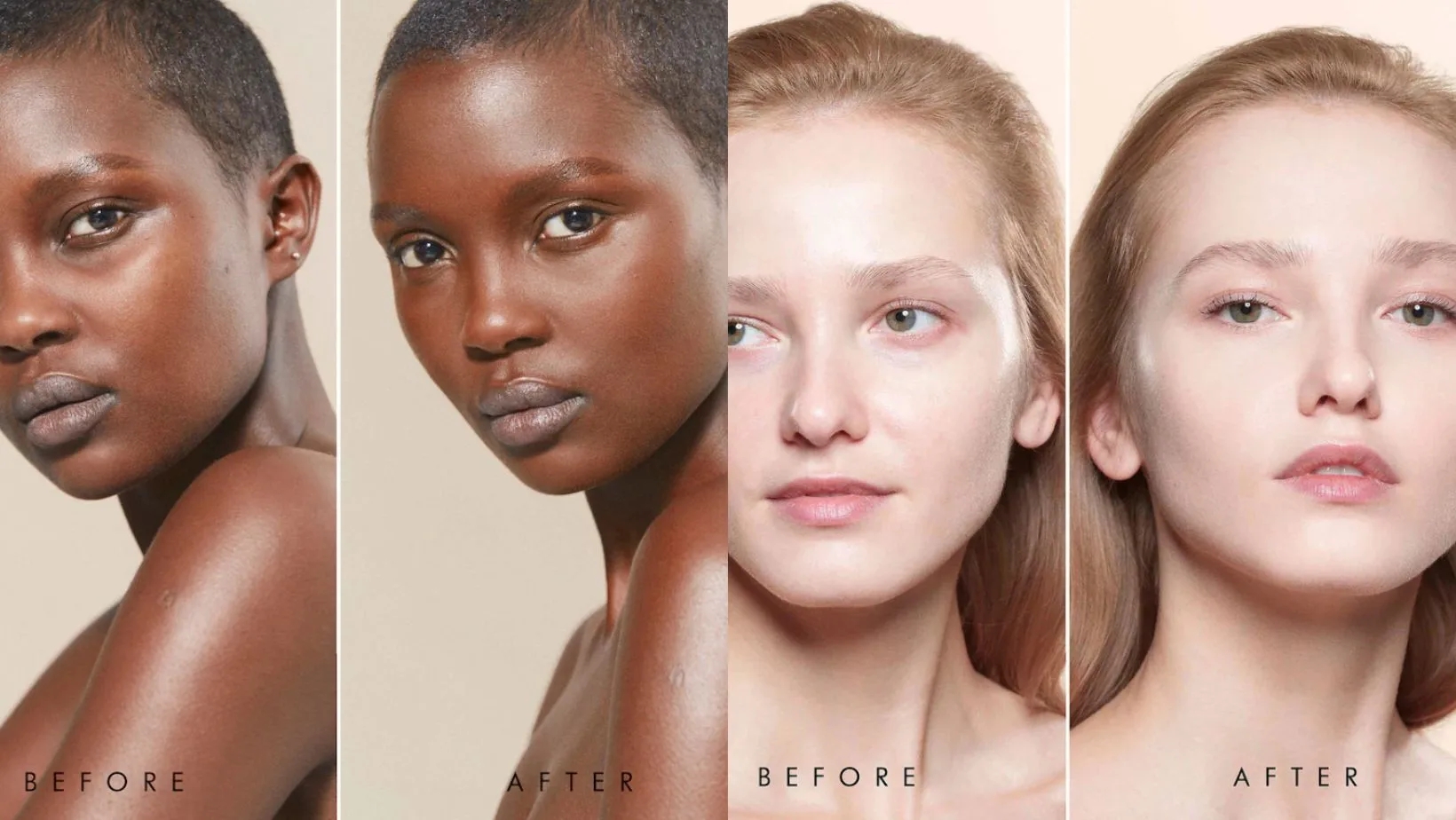 Side-by-side images showing skin before and after applying a beauty product, highlighting smoother, even-toned skin
