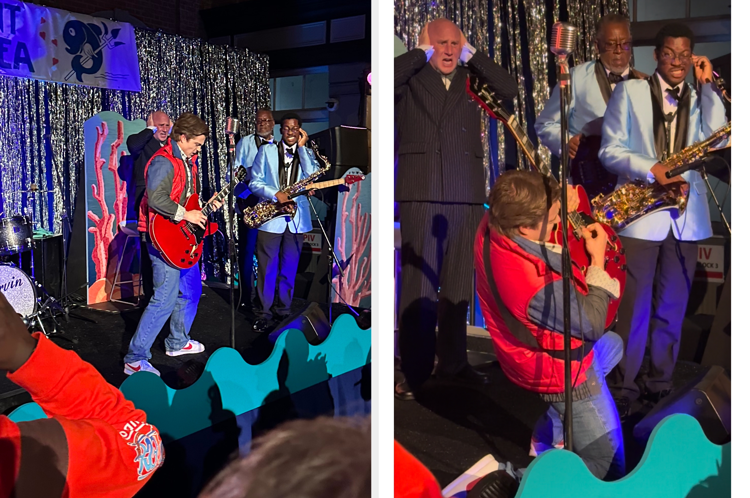 Musicians on stage with guitars and saxophones; one person crouches in excitement, engaging with band members in lively performance