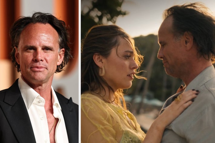 Person in formal suit at event; same person in beach scene with another, both wearing casual attire, having an emotional conversation