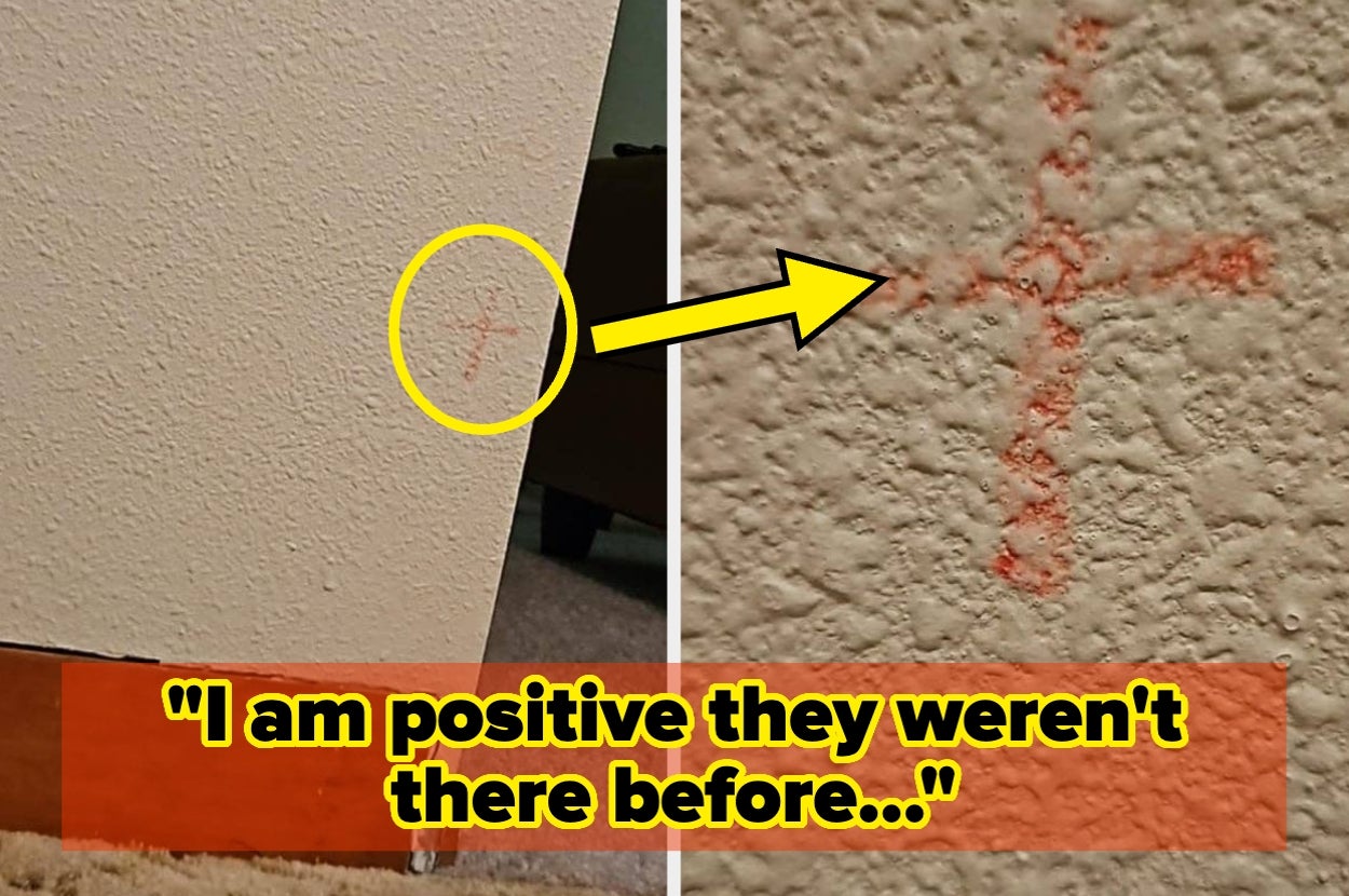 A small red cross on a wall is highlighted with an arrow; text reads, "I am positive they weren't there before..."