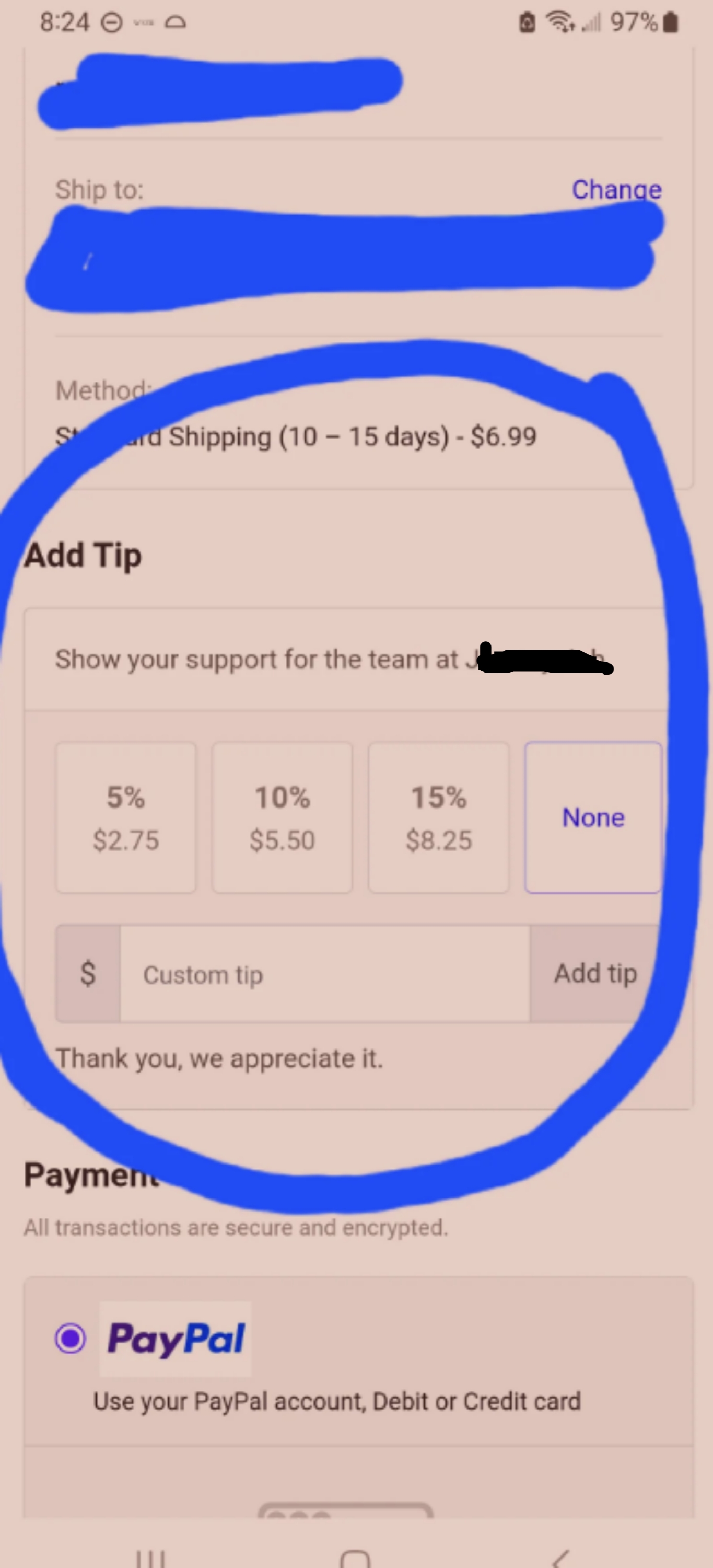 Screenshot of a mobile checkout screen with an option to add a tip for the team at Jammy Job, with preset percentages and a custom tip field