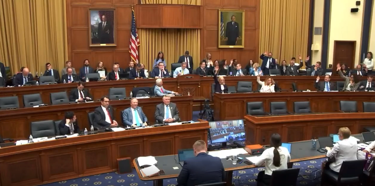 A busy congressional meeting with representatives seated. One side of the aisle has their hands raised, the other side does not