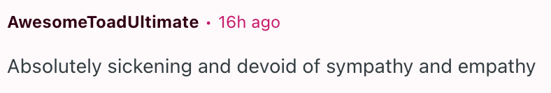 Comment saying: "Absolutely sickening and devoid of sympathy and empathy."