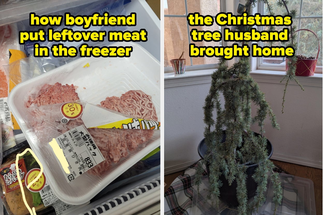 Left: Ground meat placed in the freezer still in store package. Right: Tower of toilet paper rolls precariously stacked in bathroom