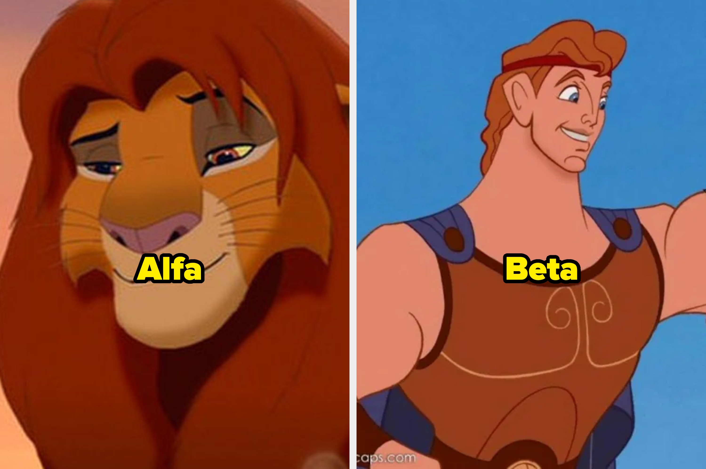 A la izquierda, un león animado con expresión reflexiva. A la derecha, un héroe animado con atuendo clásico griego y expresión sonriente