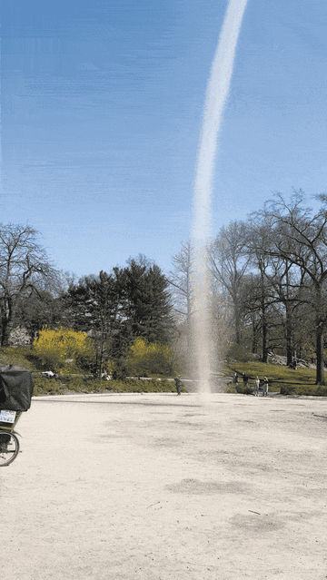 Tall dust devil spirals upward in a park, surrounded by trees and a few people observing it from a distance