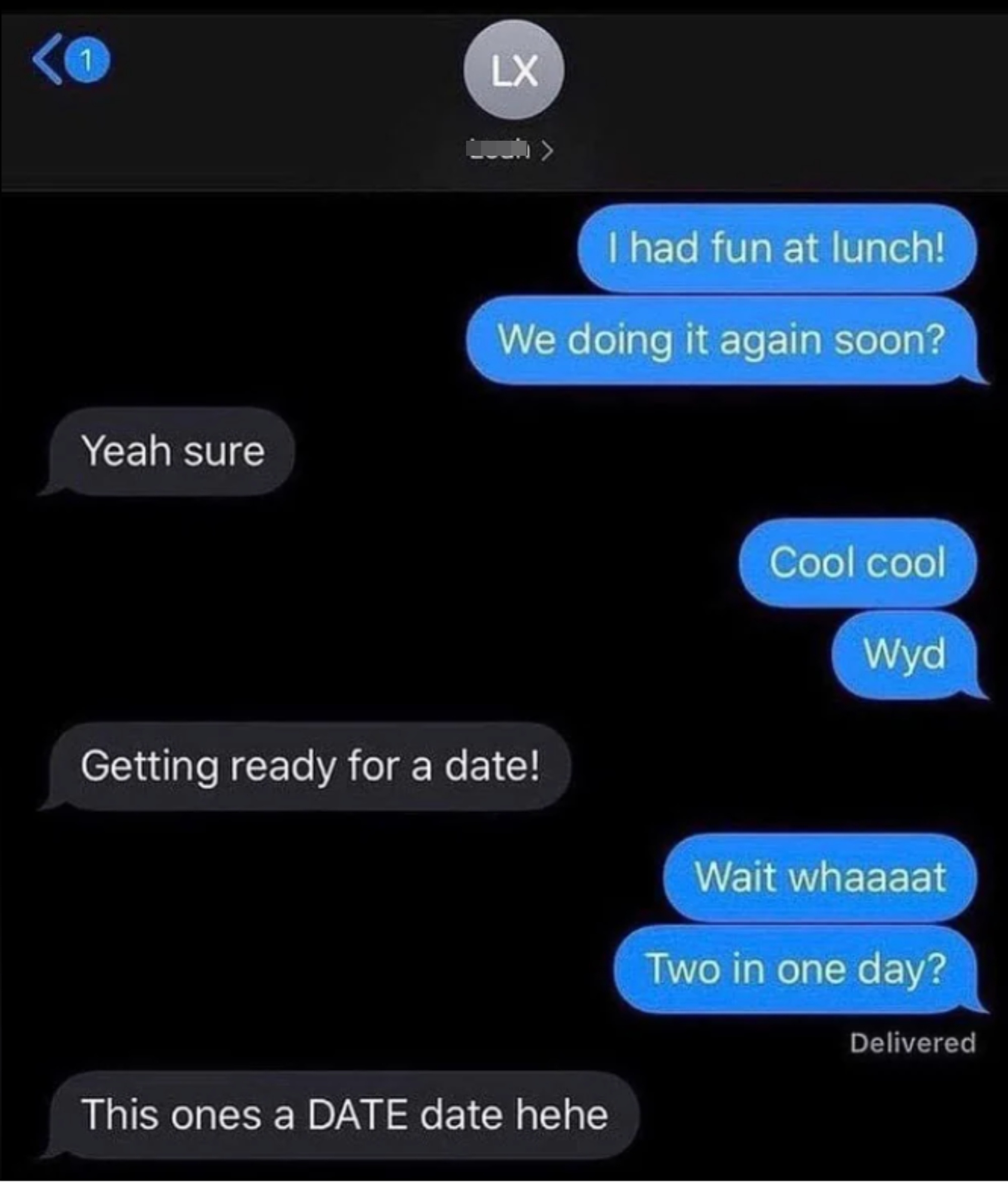 Text conversation where &quot;Leah&quot; mentions having fun at lunch and getting ready for a date, leading to playful banter