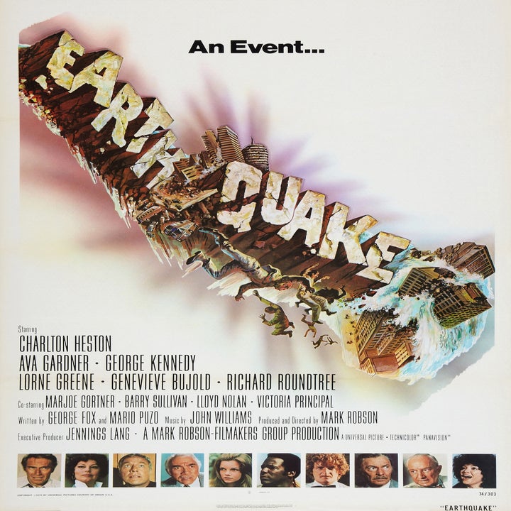 Poster for the movie "Earthquake" with cast names listed, featuring dramatic imagery of a city collapsing