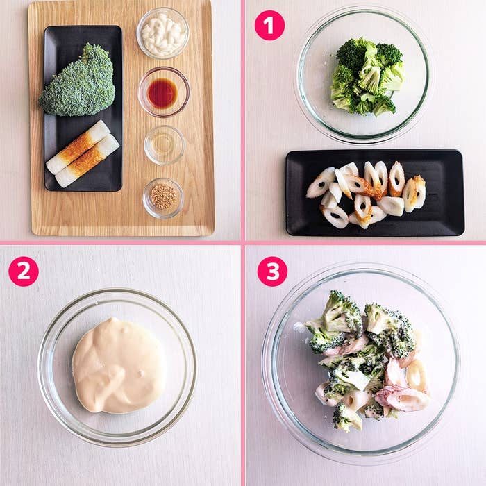 ブロッコリーとちくわのサラダのレシピ手順。1. 材料準備。2. ドレッシング混合。3. 具材を和える。