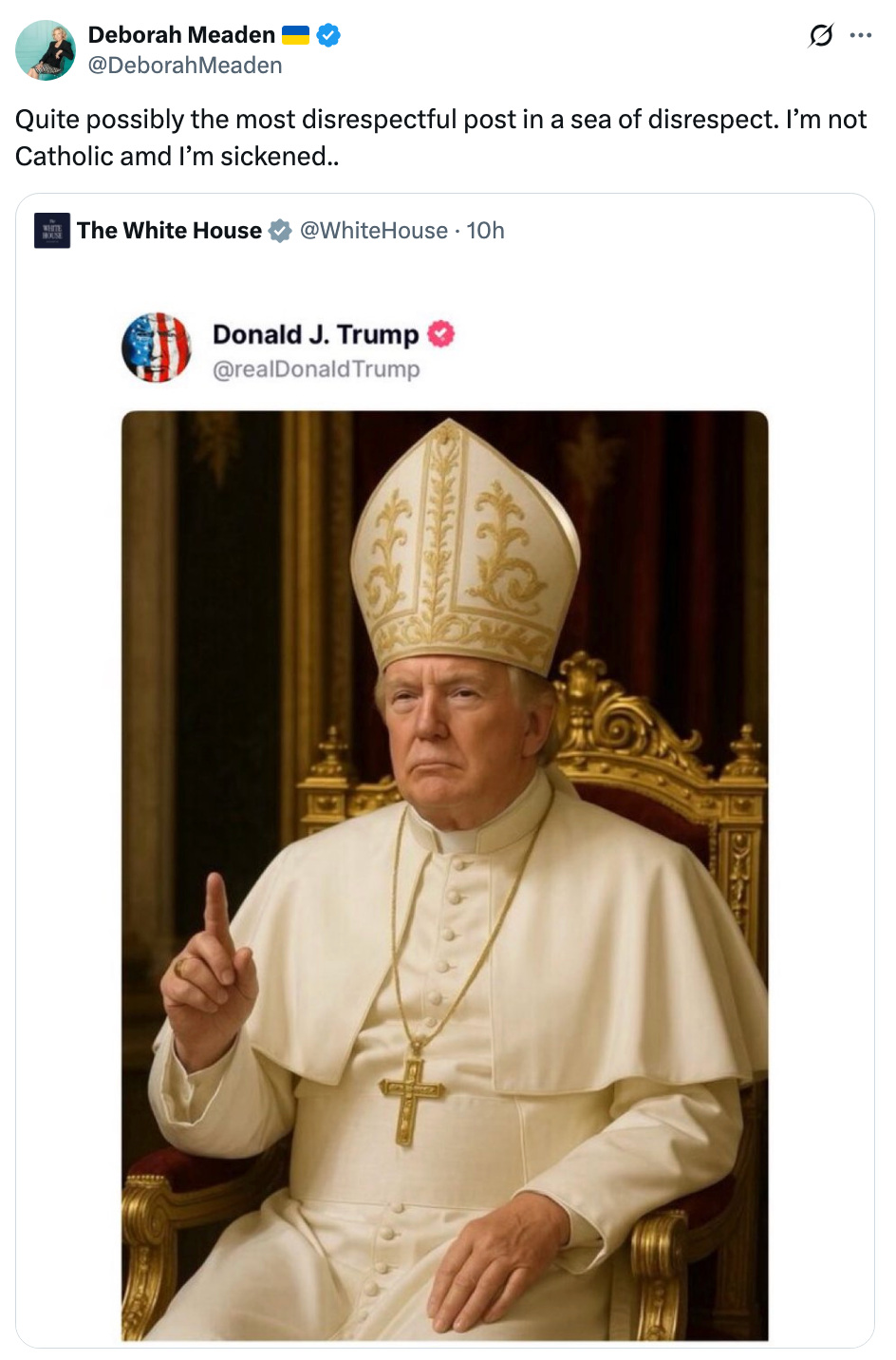 Parody image of a man resembling Donald Trump dressed as the Pope, seated on a throne, shared in a tweet criticizing its disrespectful nature