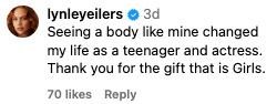 Comment by user expressing gratitude for body representation and appreciation for the show "Girls."
