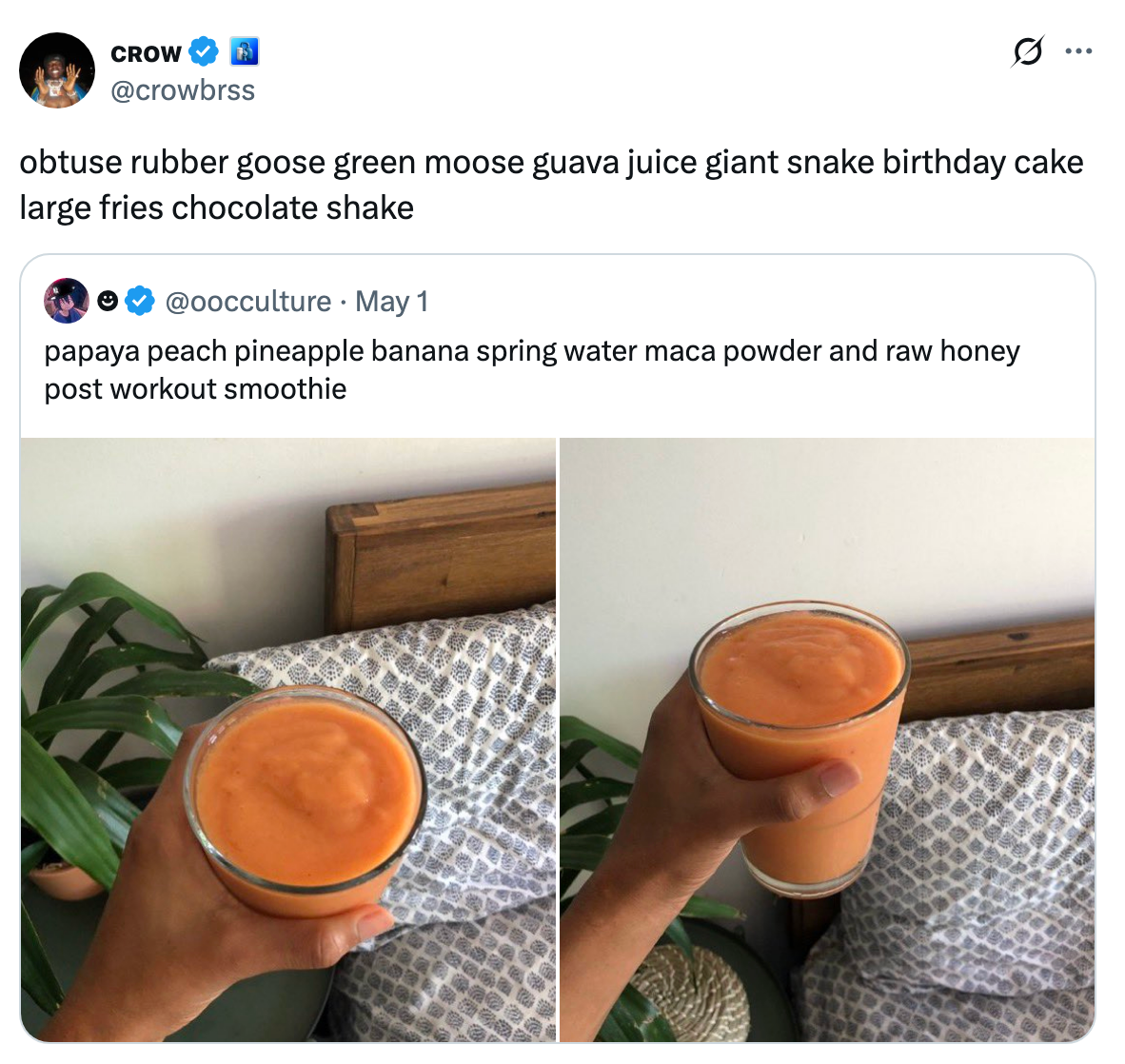 Screenshot of two tweets: One lists random food items, and the other features a smoothie recipe with papaya, peach, pineapple, and banana