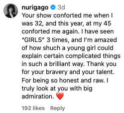 Comment praising a show for its emotional impact and the talent of a young performer, expressing admiration and gratitude