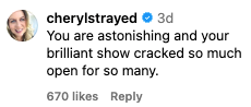 Comment praising a show for being astonishing and impactful, with 670 likes