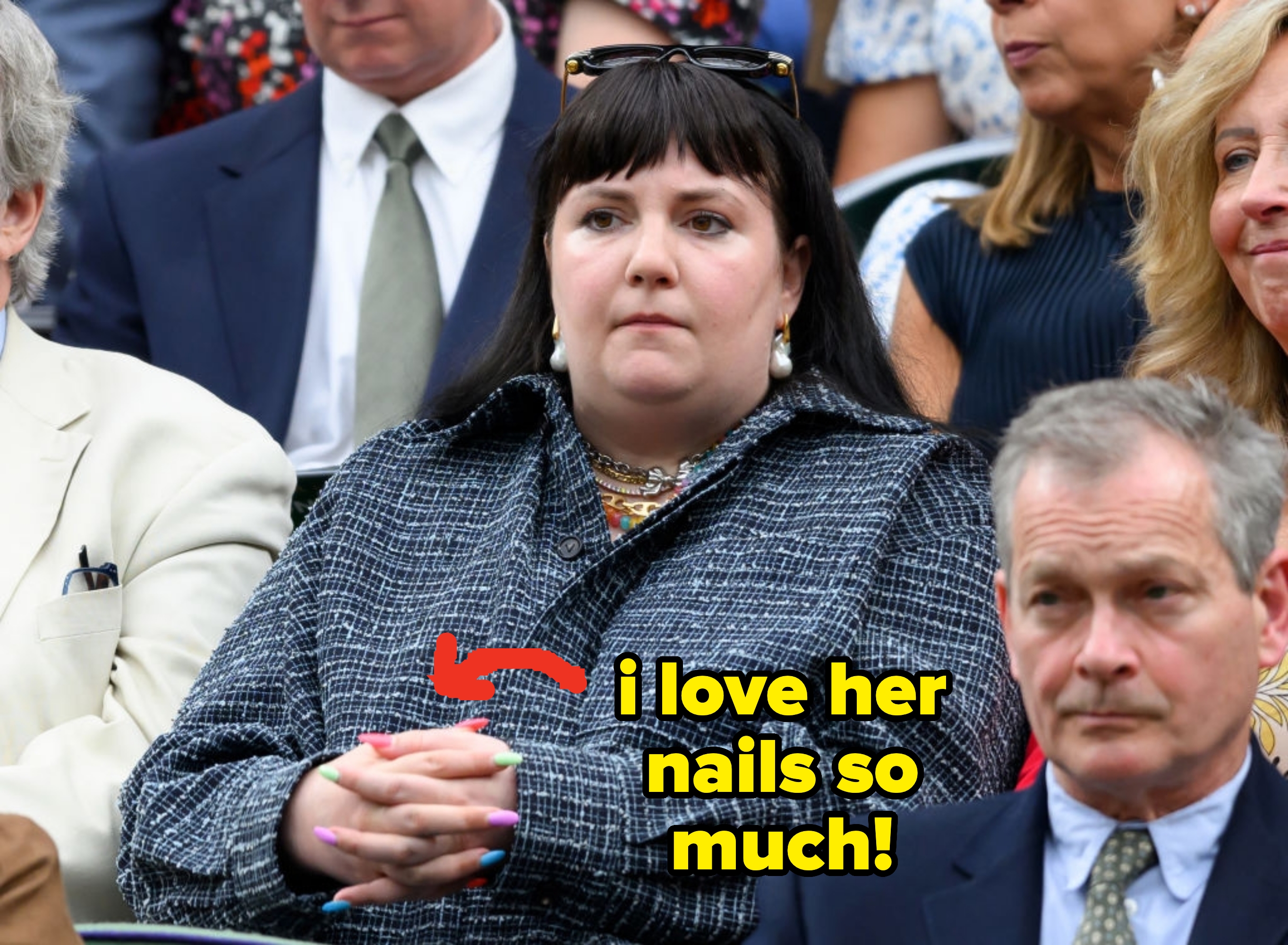 lena dunham with colorful painted nails