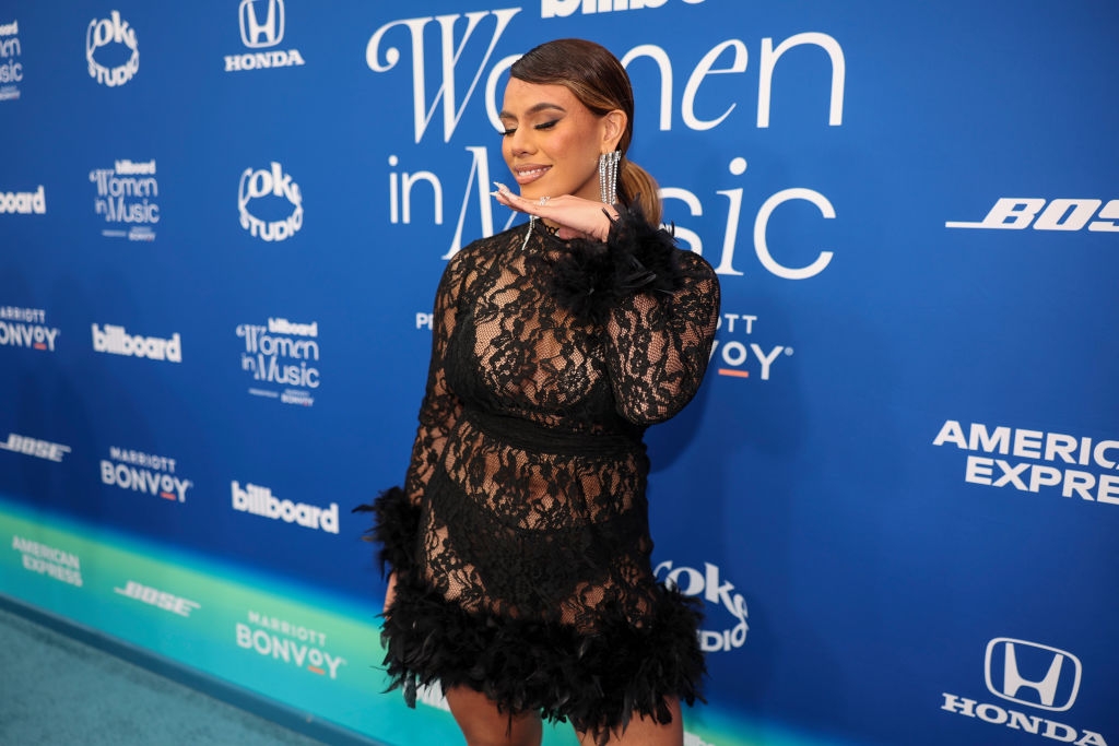 Person posing on a blue carpet in a sheer lace dress with feather details at a music event