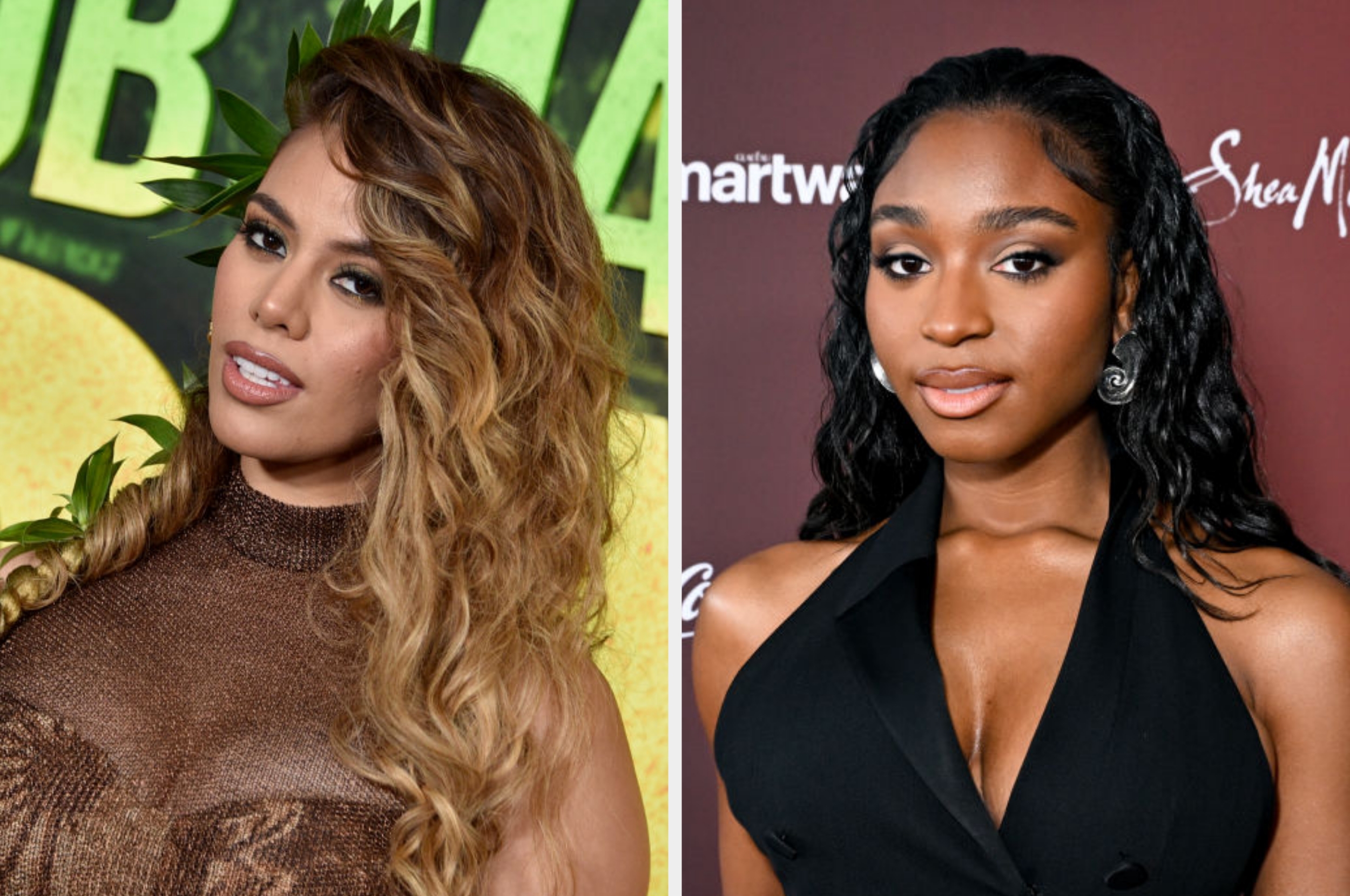 Dinah Jane and Normani on the red carpet: one in a shimmering dress with wavy hair, the other in a chic black gown with sleek hair