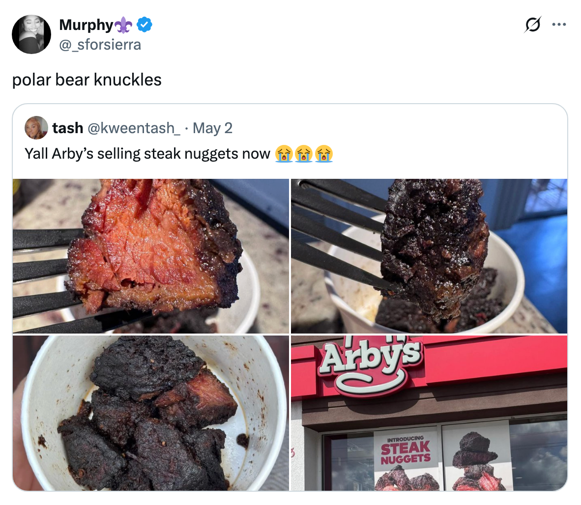 Tweet with images showing steak nuggets from Arby’s, including a sign and close-up shots of the food, with humorous caption “polar bear knuckles.”