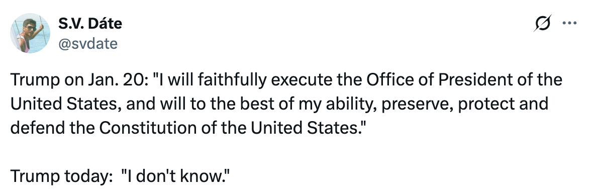 S.V. Dáte tweets a comparison: Trump's Jan. 20 oath vs. a recent statement, &quot;I don't know.&quot;