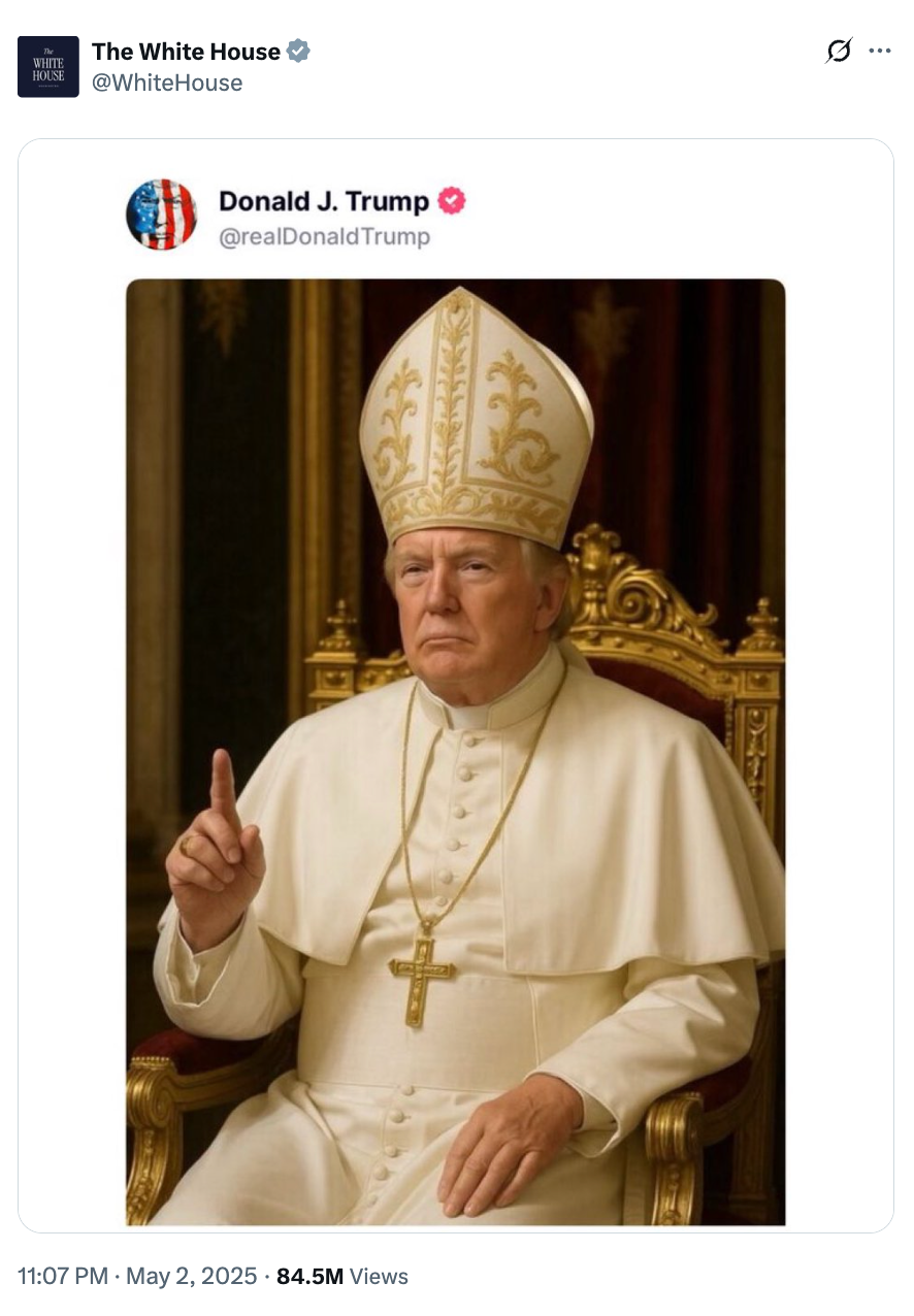 Donald J. Trump is edited to appear in a papal outfit with a pointed hat, seated on a throne-like chair, raising one finger