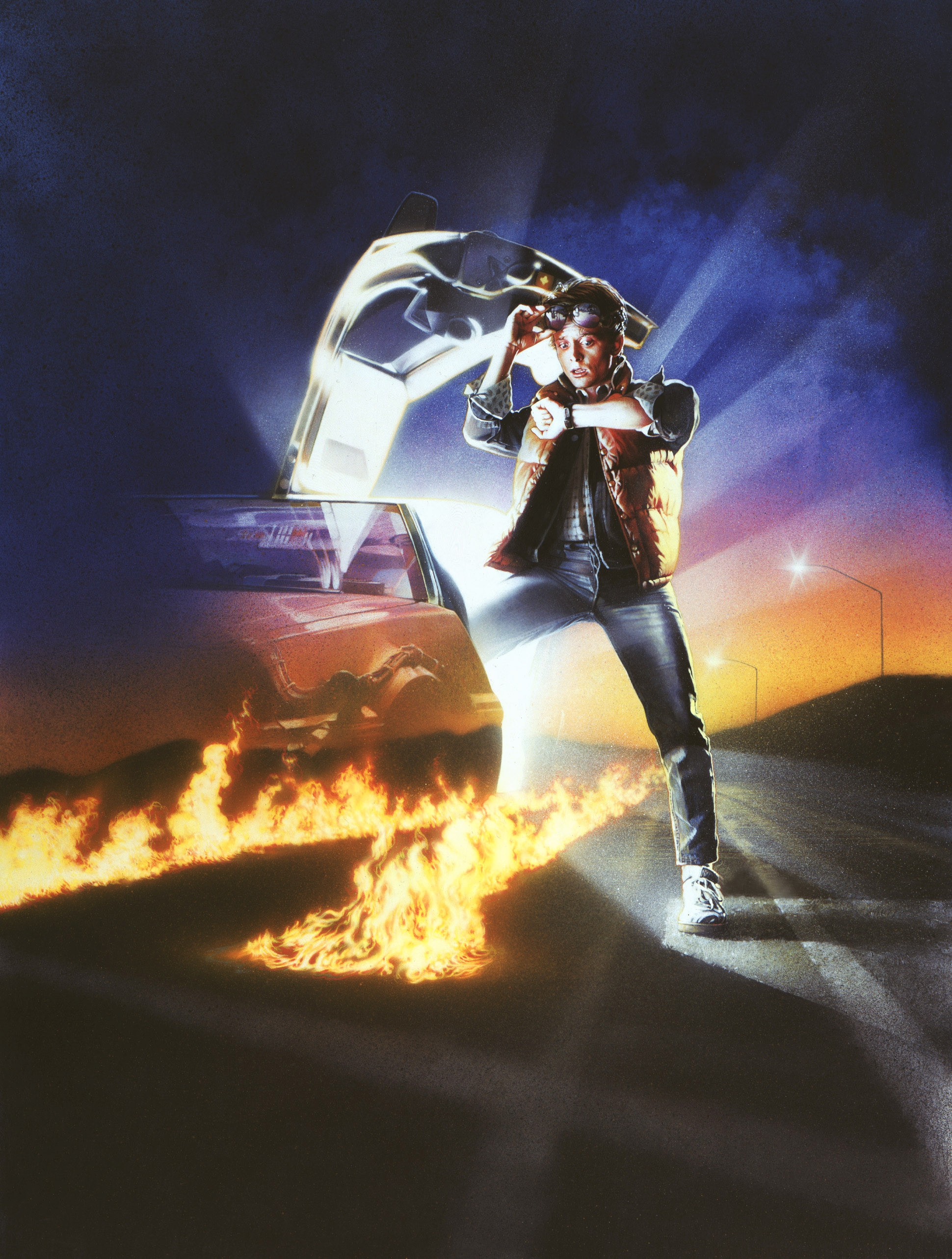 Person in a vest stands beside a car with gullwing doors open, looking at a watch. Flames trail behind the car on a road