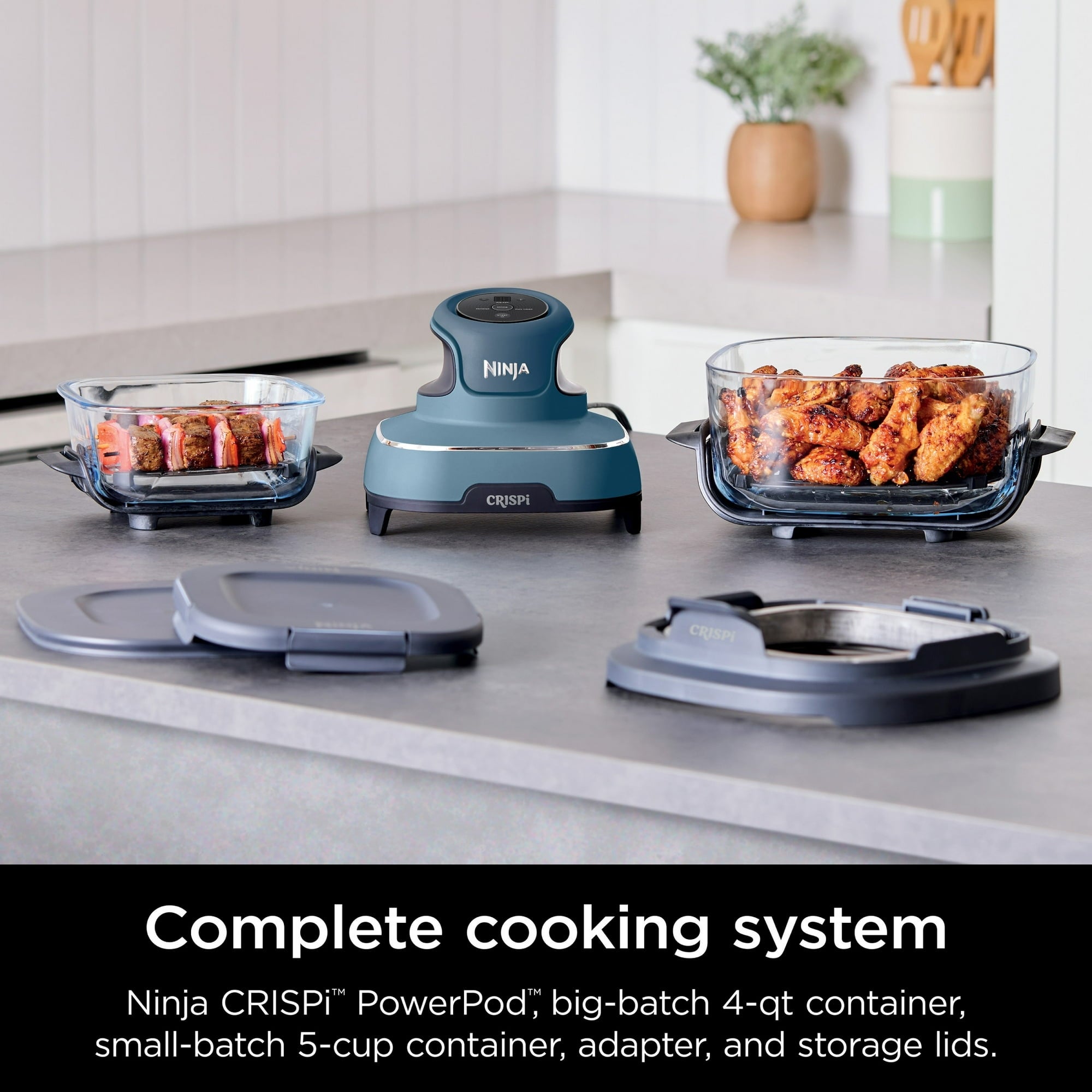 Ninja CRISPi cooking strategy   connected  countertop with containers of crispy food, lids, and PowerPod unit. Ideal for tiny  and ample  batch cooking