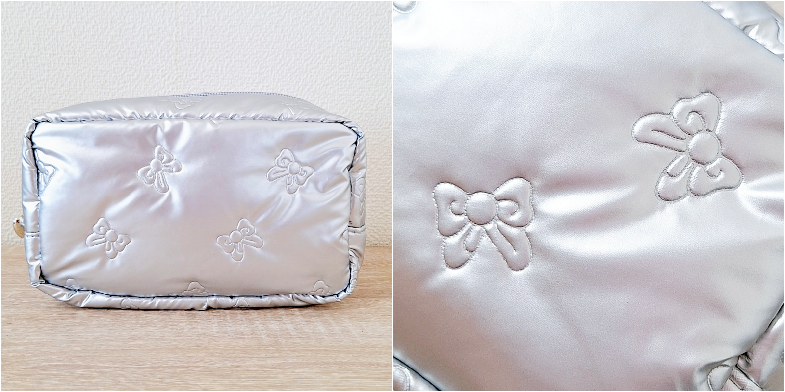 光沢のあるファブリックにリボンの刺繍が施されたバッグの画像です。テーブルの上に置かれています。