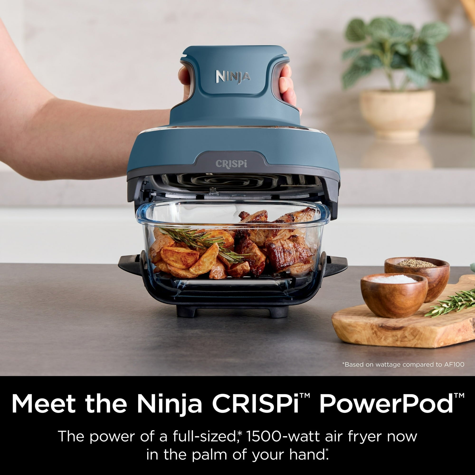 Ninja CRISPi PowerPod aerial  fryer with cooked chickenhearted  pieces wrong  a solid  basket. Caption highlights its compact, 1500-watt cooking power
