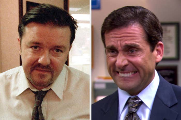 Two men in dress shirts and ties, each grimacing