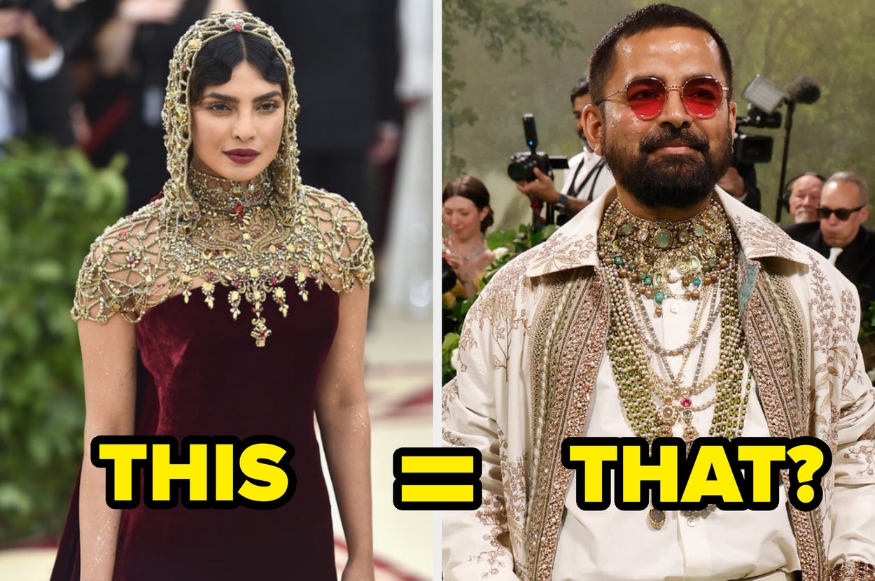 Two people on a red carpet. Left: Person in an elegant, textured dress. Right: Person in ornate outfit with layered jewelry and sunglasses. Text: "THIS = THAT?"